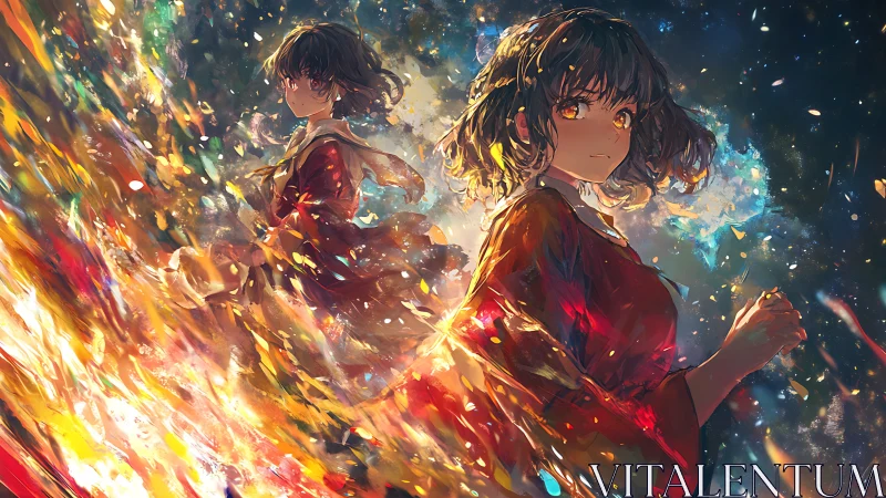 Fiery night journey with a determined girl wrapped in light.