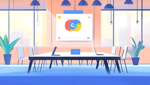 Modern Office Meeting Room With Google Logo Presentation