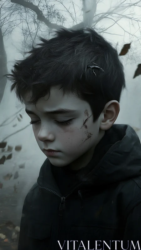 Quiet autumn moment holds a pensive boy in a misty forest