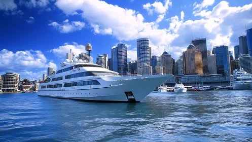 Luxury yacht glides through a sunlit harbor city skyline