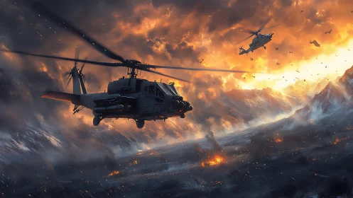 Combat helicopters over burning battlefield at dusk sky.