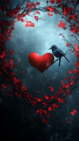 A black bird perches beside a glowing red heart surrounded by autumn leaves
