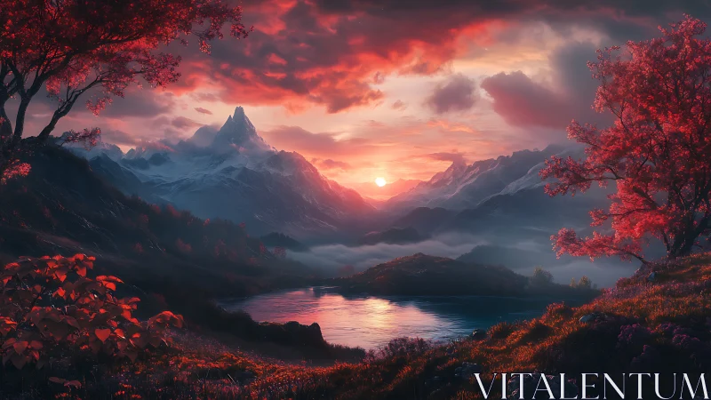 Crimson trees frame alpine lake under radiant sunset glow