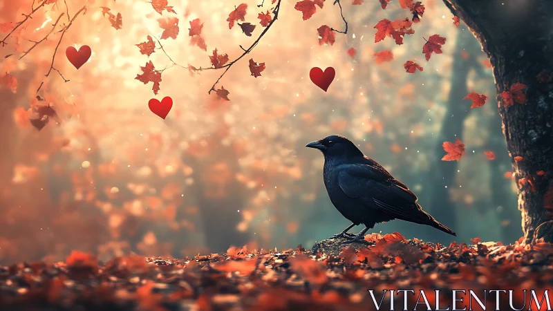 Black bird perched in autumn forest with floating hearts.