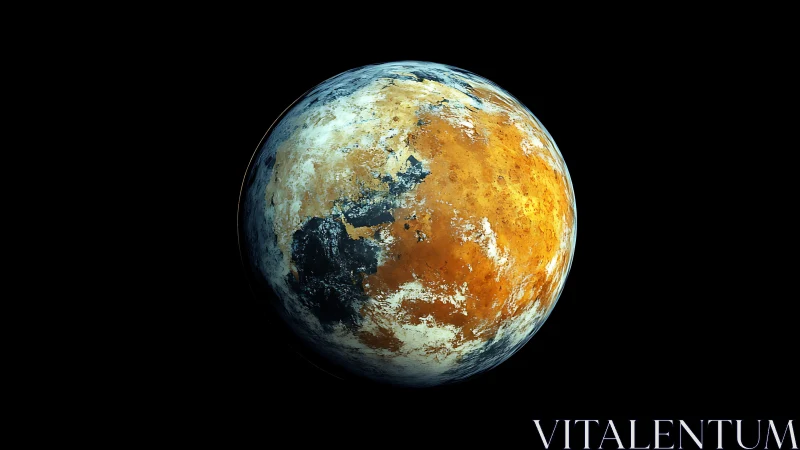 Digital rendering of textured orange and blue planet surface.
