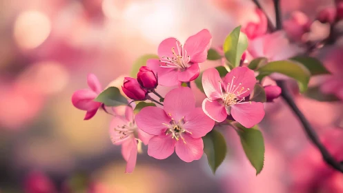 Pink blossoms dance in spring's luminous embrace.