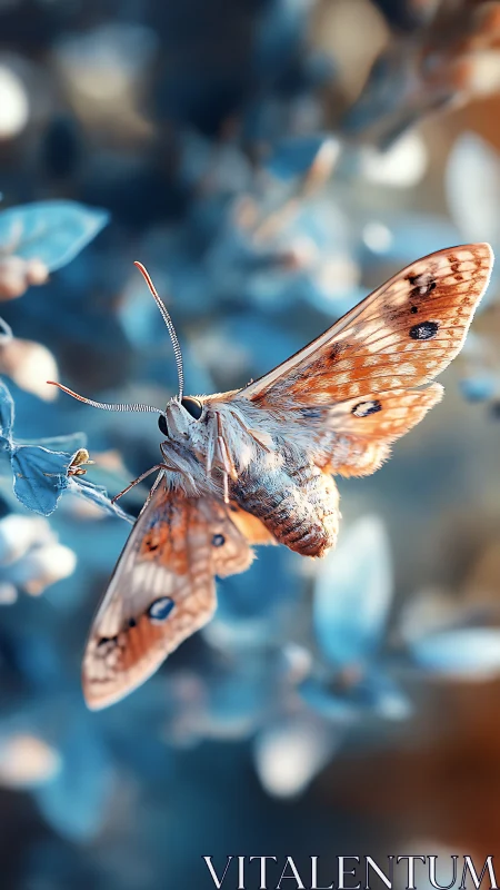 Gentle butterfly resting softly in a dreamy blue garden.