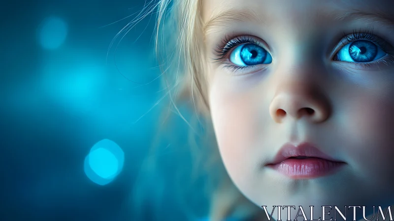Porcelain-Skinned Child with Luminescent Blue Eyes and Teal Bokeh Backdrop.
