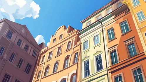 Sunlit European facades in stylized digital architectural study.