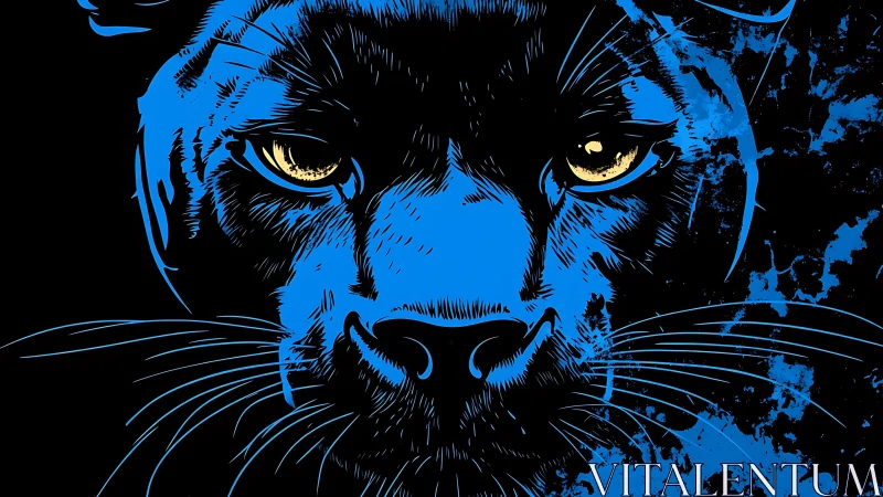 Blue Panther Face with Golden Eyes and Black Mane
