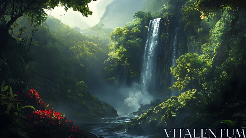 Misty jungle waterfall invites quiet adventure and calm wonder