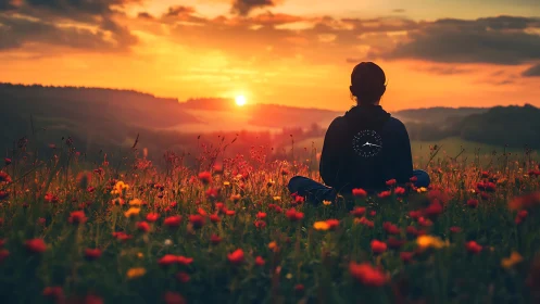 Person seated in wildflower field observing sunset horizon.