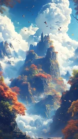 Layered mountain spires with clouds and autumn foliage.