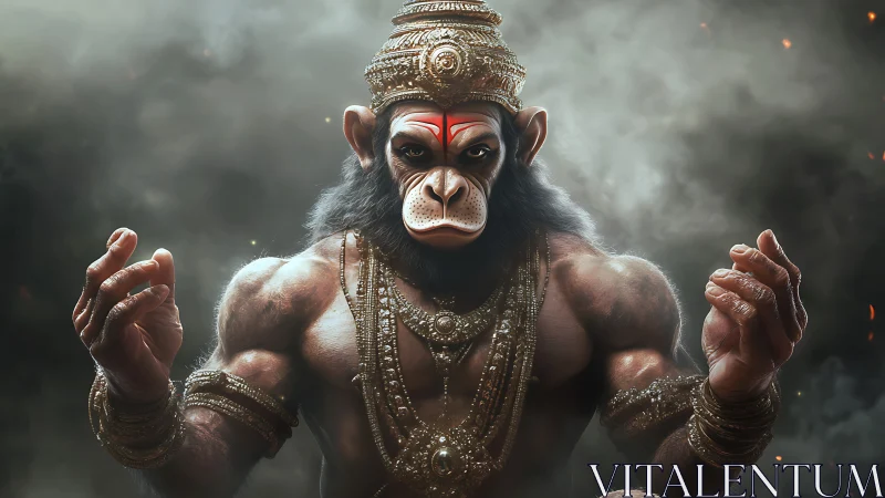 Divine warrior monkey god in smoky cinematic halo.