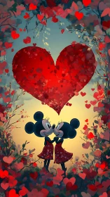 Stylized characters holding large textured heart against floral backdrop