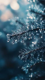 Macro study of dew-covered conifer needles in cool blue bokeh field