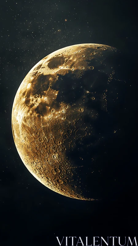 Golden crescent moon glows against a deep cosmic night sky.