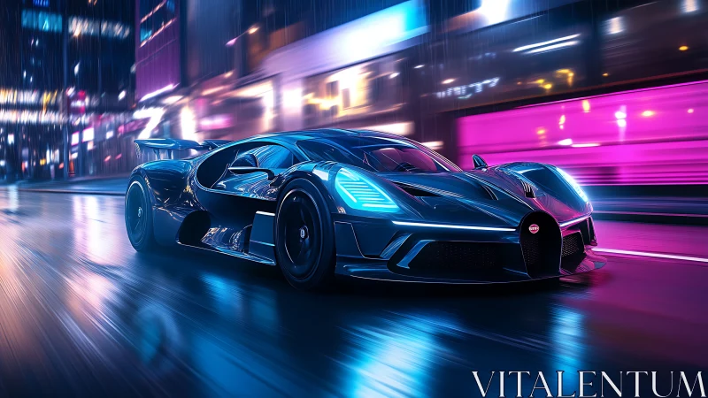 Hypercar speeds through neon lit wet city street at night
