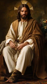 Serene robed figure with halo in warm classical lighting.