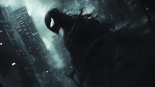 Dark alien creature looms over misty night cityscape.