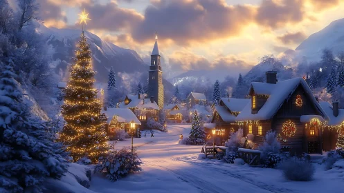 Snowlit Christmas village glows beneath storybook mountains.