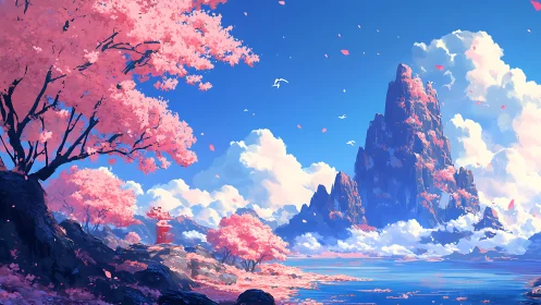 Vibrant cherry blossom valley with towering rocky peak and lake