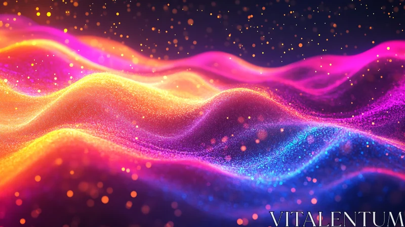 Vibrant neon particle waves glow across abstract landscape