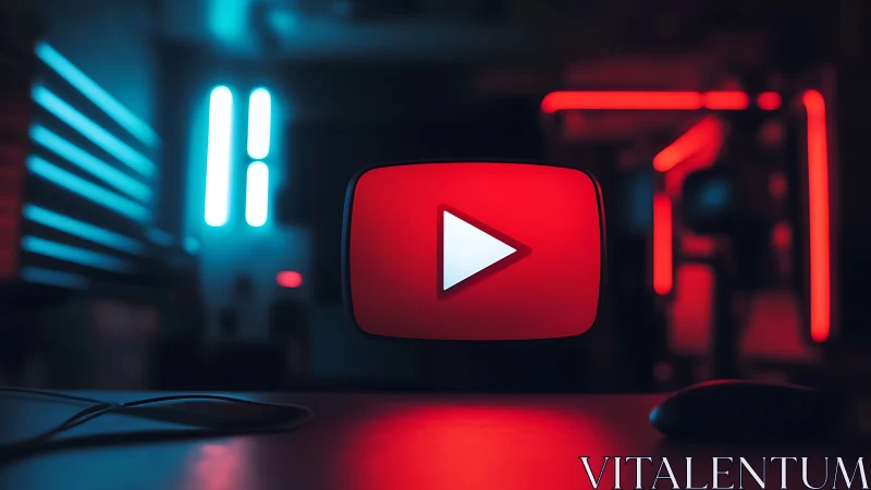 Red play icon suspended in neon lit digital workspace.