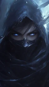 Hooded blue eyed rogue in dark fantasy portrait art.