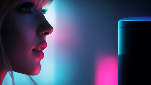 Soft neon whispers between woman and smart speaker glow.
