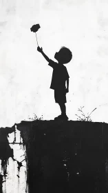 Child silhouette holds flower aloft on stark cliff edge