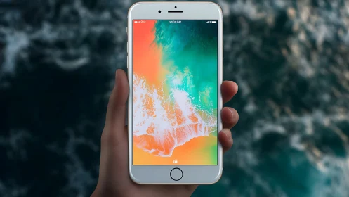 White smartphone displaying gradient ocean wave wallpaper.