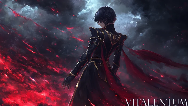 Dark warrior stands amid swirling crimson storm clouds