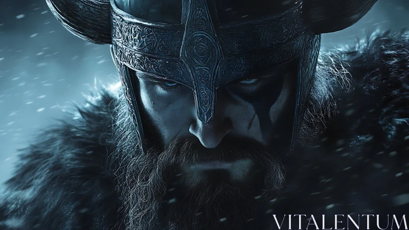 Viking warrior glares through blizzard in icy blue light