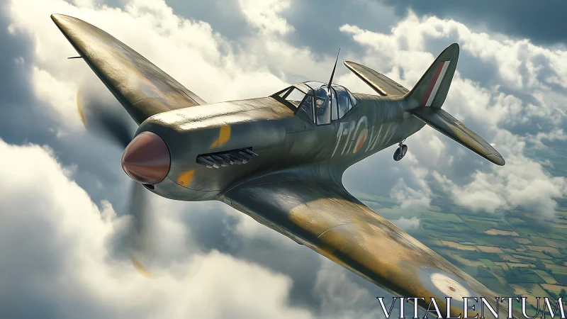 WWII-era single-seat fighter aircraft in cloudy sky flight.