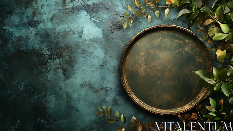 Vintage metal tray rests amid lush green foliage on teal background.