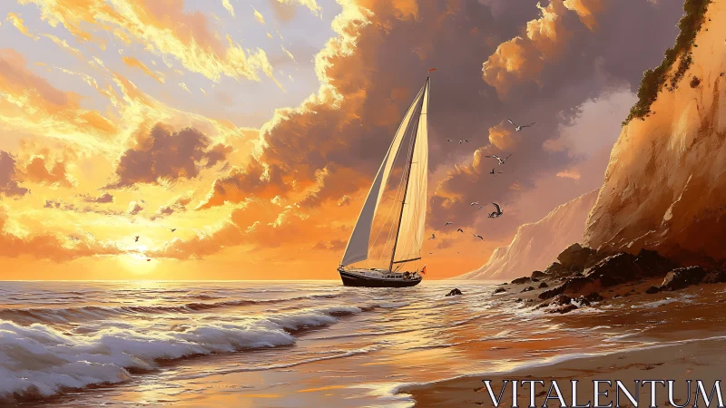 Sunlit sailboat glides beneath fiery coastal sunset sky.