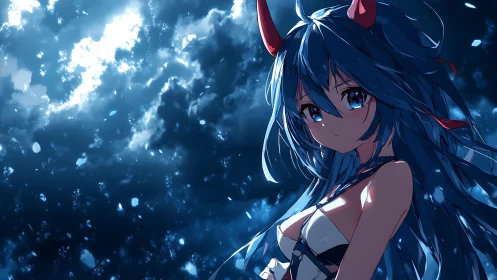 Luminous blue-haired oni girl under particulate night sky.