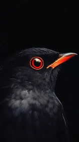 Black Bird with Luminous Red Eye and Orange Beak. Stunning Detail.