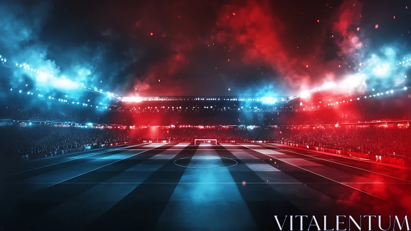 Floodlit football arena glows in dramatic red and blue haze.