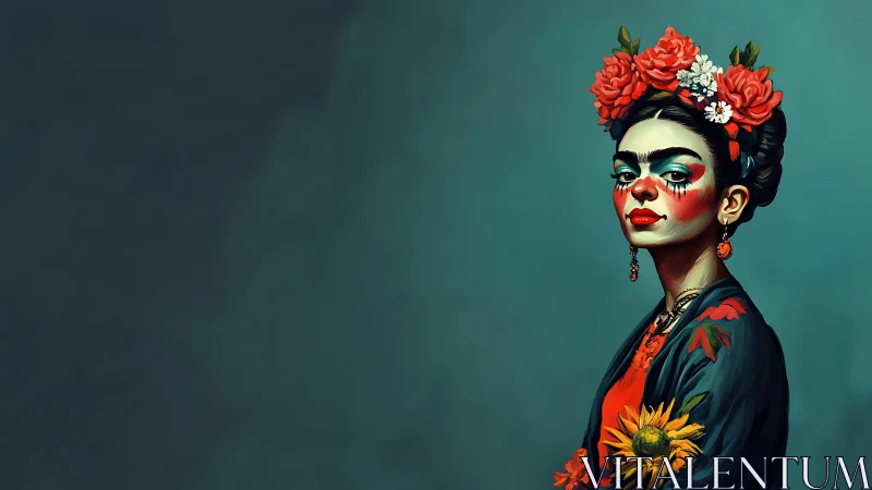 Digital portrait of floral crowned woman on teal ground.