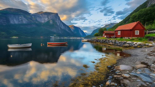 Nordic fjord shoreline cabins and boats at calm sunset.