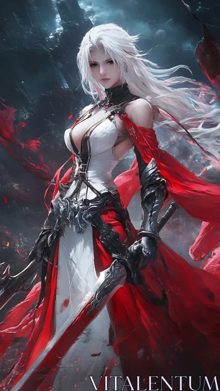 Scarlet storm warrior poised between fury and stillness.