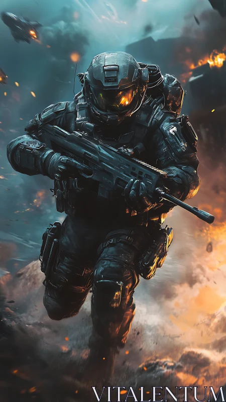 Armored sci fi soldier charges through explosive battlefield