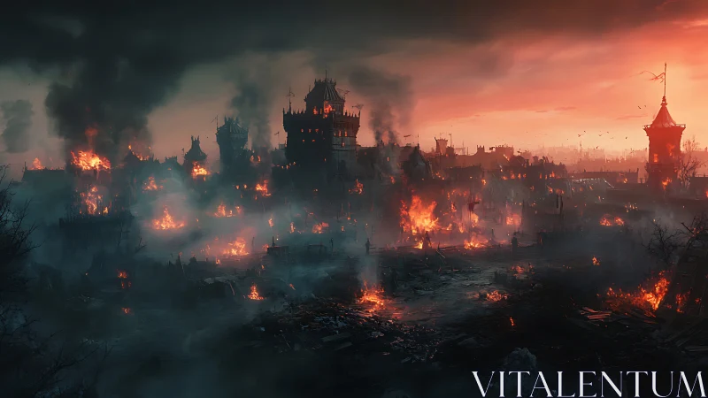Medieval Castle Engulfed in Flames. Epic Destruction Scene.