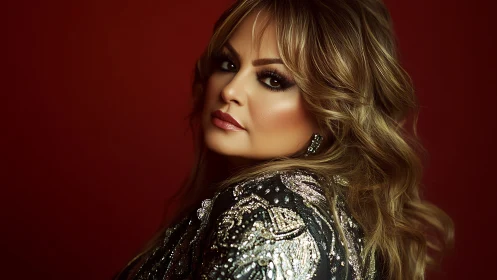 Portrait with Sequined Garment Against Crimson Background