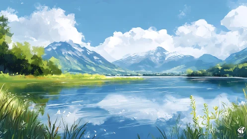 Mountain lake landscape under clear blue summer sky.