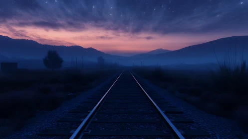 Railway line cutting through misty valley at dusk.