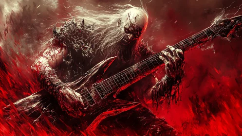 Fiery metal guitarist unleashing raw energy in blazing red.