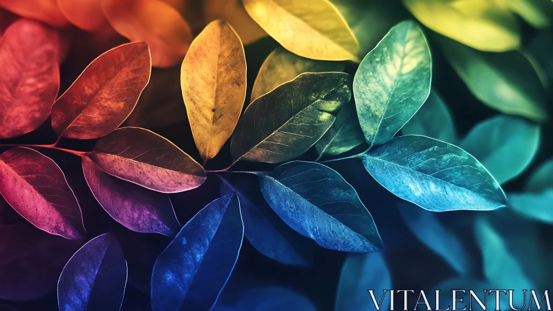 Color-soaked leaves form a luminous rainbow botanical canopy